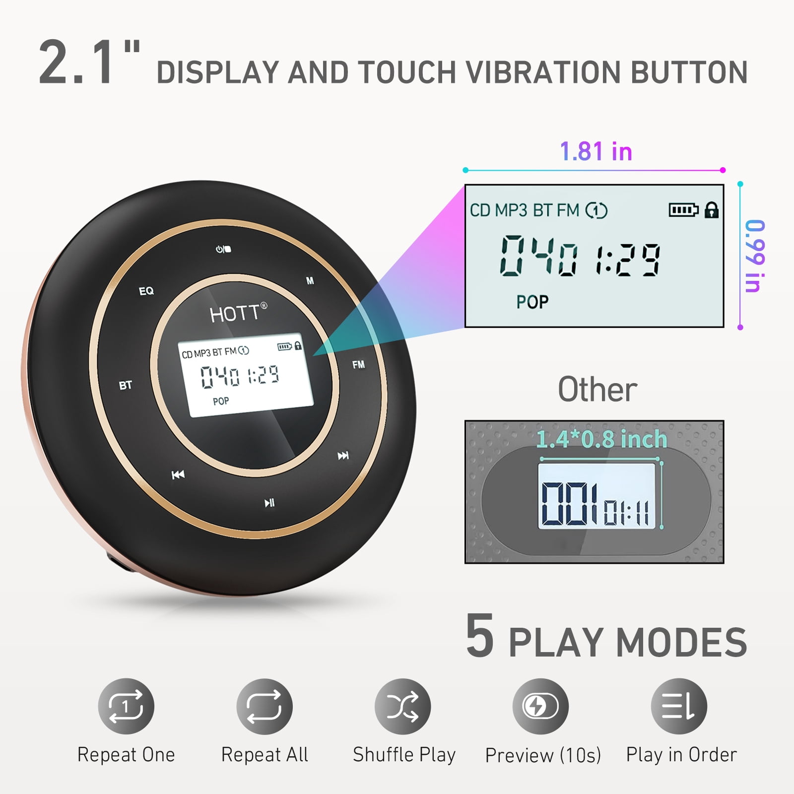 HOTT Portable CD Player with Bluetooth & FM Transmitter – Rechargeable Battery, Anti-Skip Technology, Backlit Touch Controls, AUX Input – Lightweight for Car & Travel (Black)