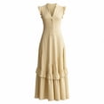 thumbnail image 5 of ChaoHeng Summer Dress Maxi Dresses for Women Solid V Neck Sleeveless Button Layer Ruffle Flowy Long for Yellow XXL, 5 of 8