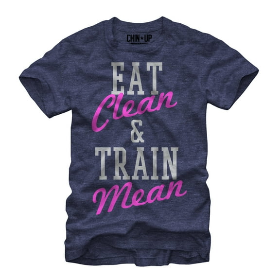 Women's CHIN UP Eat Clean Train Mean  Boyfriend Graphic Tee Navy Blue Heather Small