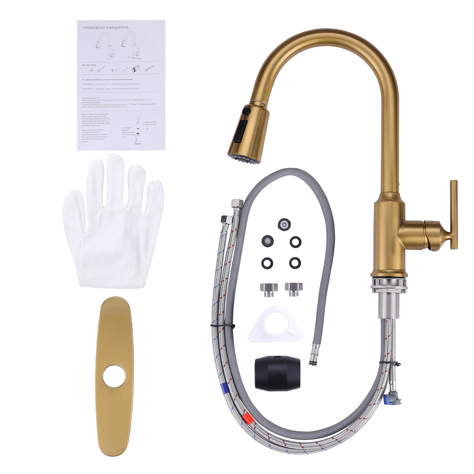WOWOW Single Handle Kitchen Sink Faucet Brushed Gold Kitchen Faucet with Pull Down Sprayer