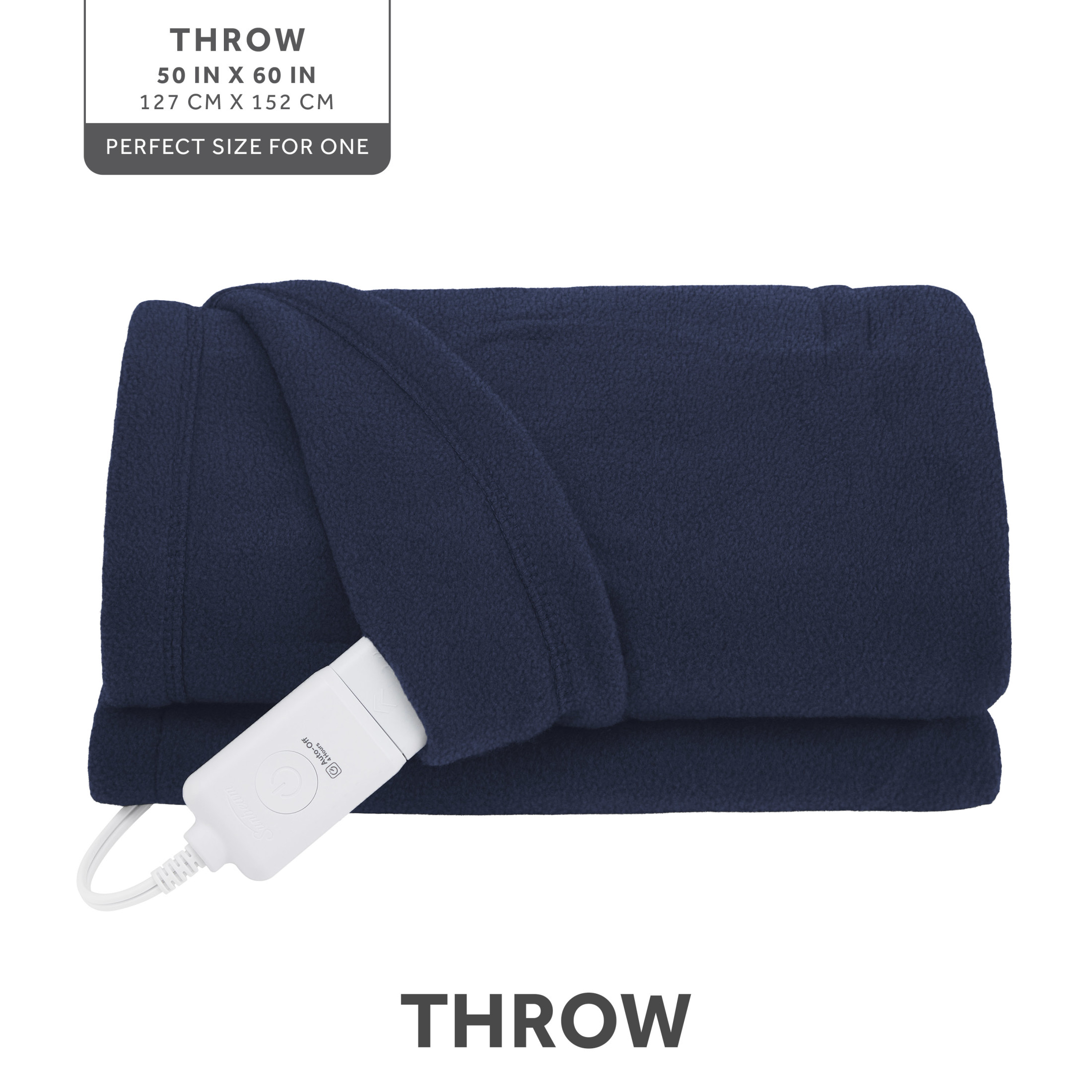 Sunbeam Electric Heated Throw Navy Blue Polar Fleece 4 Heat Settings Auto-Off 50x60