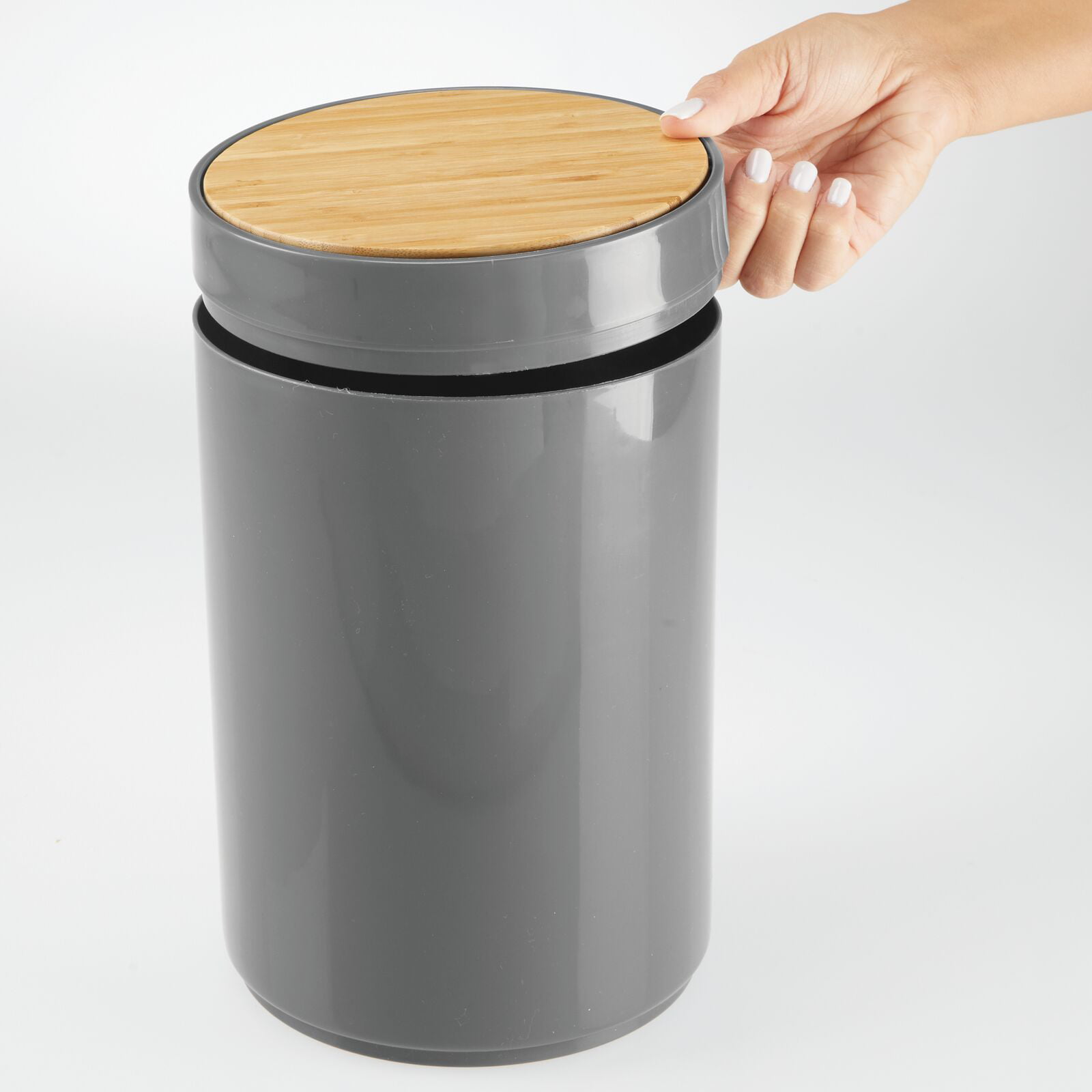 Home Offices Garbage Container Bin with Bamboo Swing Top Lid 1.3 Gallon/5 Liter Kitchens for Bathrooms mDesign Small Round Plastic Trash Can Wastebasket Mint/Natural Wood Finish 