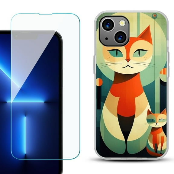OneToughShield ® for iPhone 15 Fashion Phone Case, with Tempered Glass Screen Protector - Cute Cats
