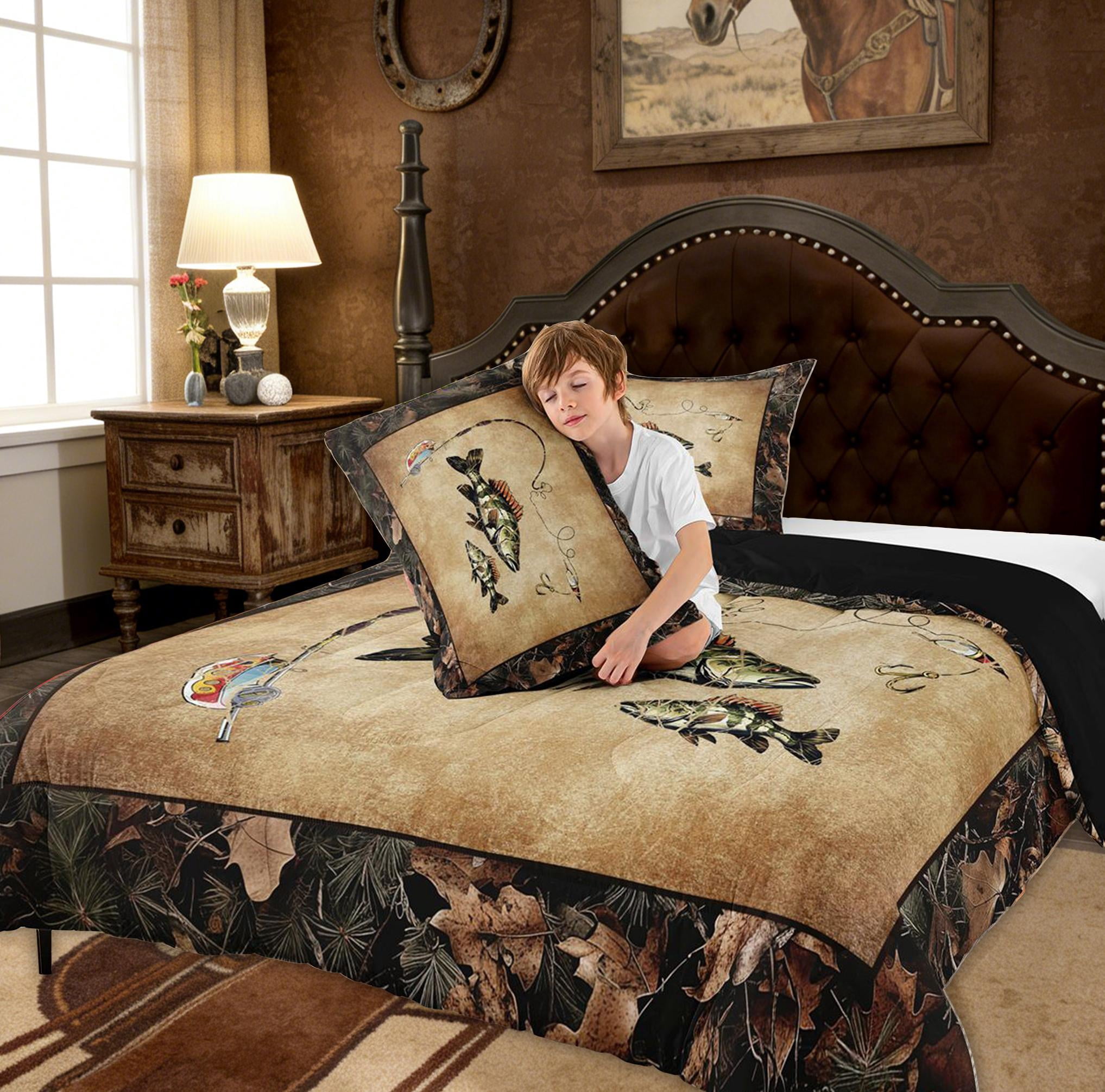 Rustic Bass Fish Comforter Set Queen Country Camo Fishing Bedding Set Woodland Camouflage Lake Fish Fisherman Quilt Comforter Teen Men Retro Farmhouse Cabin Bed Set 3 Pcs