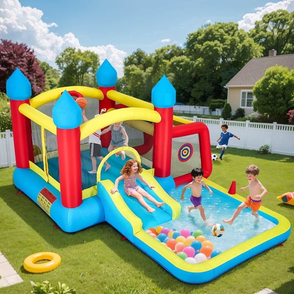 COCLUB Inflatable Bounce House, Bounce House for Kids 3-6 with Blower, Ball Pit & Slide, Bouncy Castle, Outdoor Inflatable Jump House