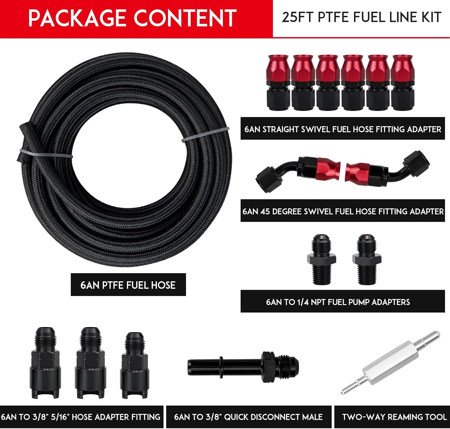 YIUIY 6AN 25F PTFE Fuel line Hose Kit,AN6 3/8" PTFE LS Swap EFI Fuel Line Fitting Kit E85 Oil Gas Nylon Braided Fuel Hose