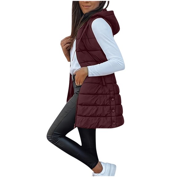 Pxkloy Women's Long Puffer Vest Solid Color Winter Puffer Jackets Quilted Padded Full Zip Coats with Hooded Casual 2025 Outerwear Wine,M