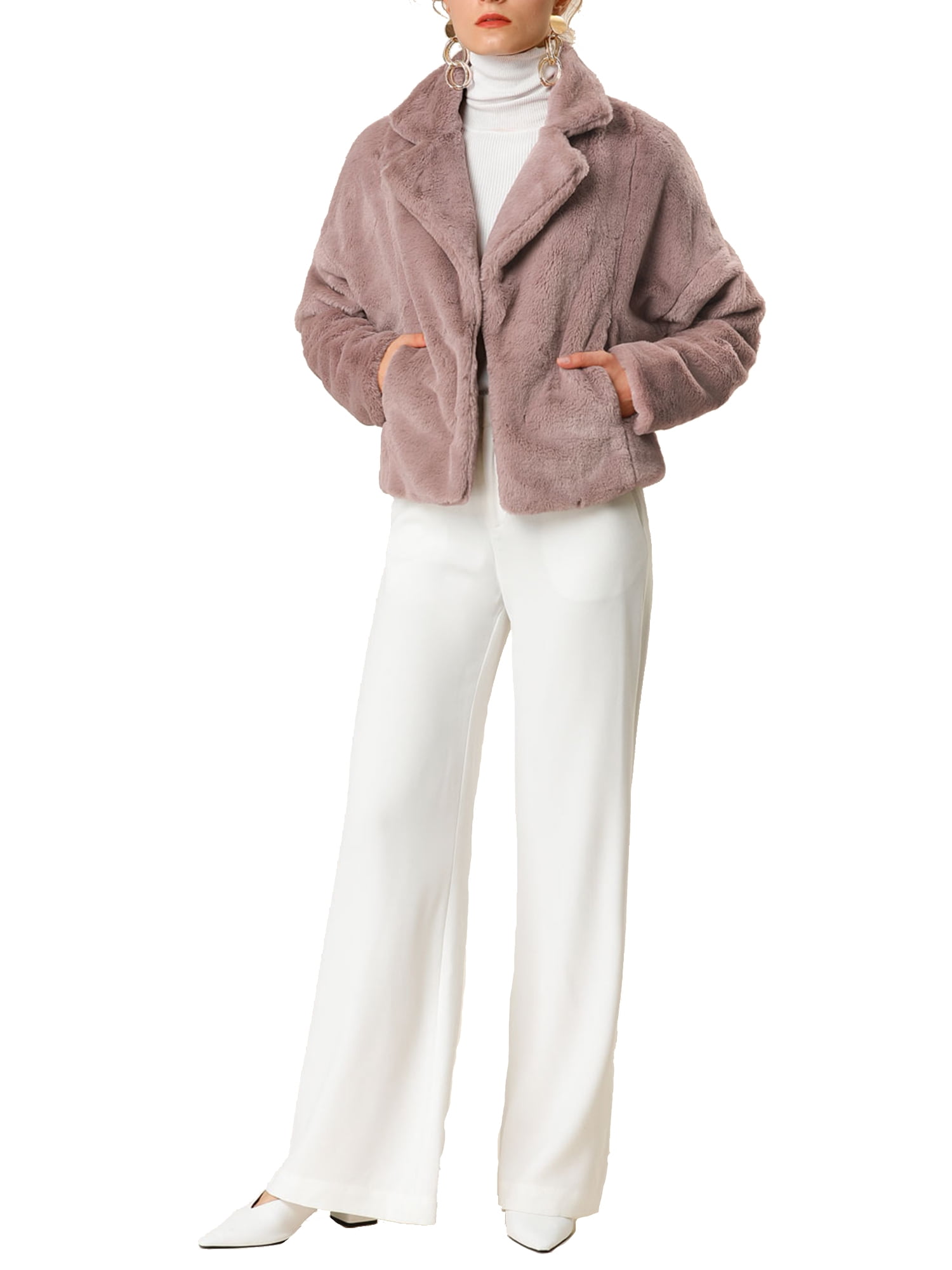 DARING DIVA Women's Cropped Jacket Notch Lapel Faux Fur Fluffy Coat M Dusty Pink