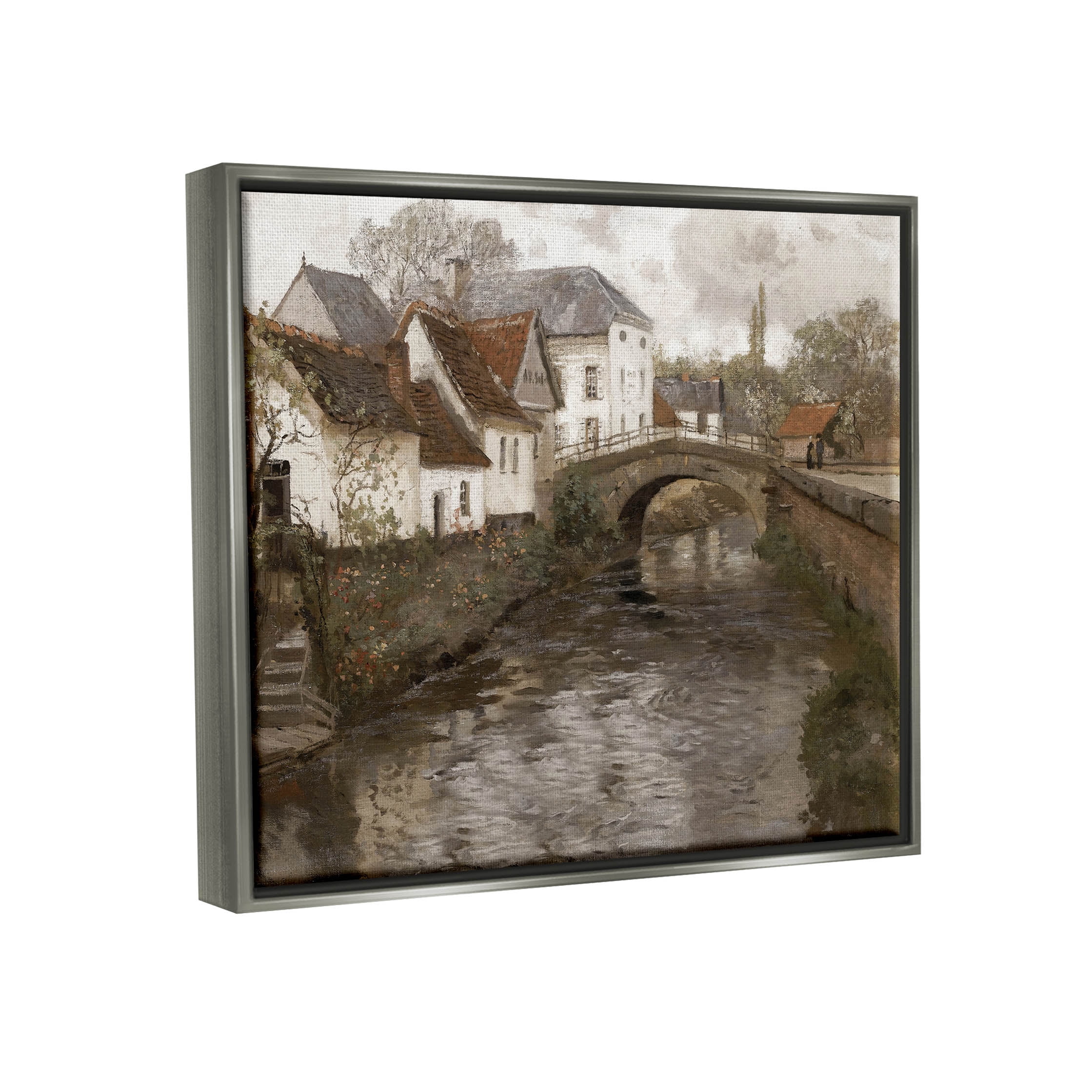Classic Canal Neighborhood Scenery Landscape Painting Luster Gray Framed Art Print Wall Art