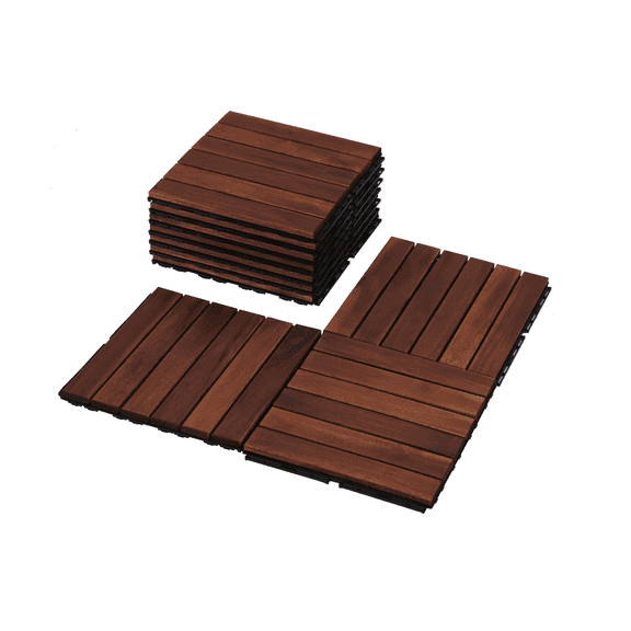 Kosynda 10 PCS Interlocking Deck Tiles, 12" x 12" Acacia Wood Patio Tiles for Garden, Bancony, Pool Side, Rectangle Slats All Weather Use, Brown