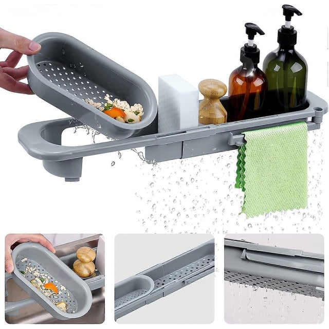 Soporte telescópico para fregadero con soporte para esponja y jabón - Organizador de cocina ajustable para ampliar el espacio de almacenamiento, drenaje y colgar ropa (gris)
