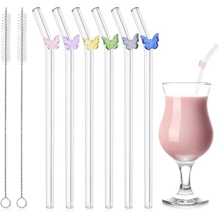 6 Pack Shatter-Resistant Glass Straws with 2 Brushes | Butterfly Design with Case & Cleaners for Hot/Cold Drinks
