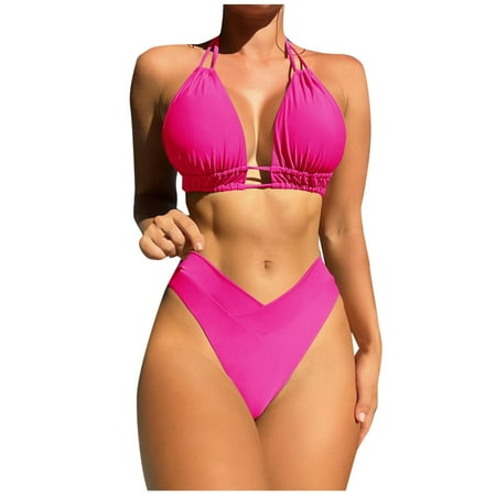 ZQGJB Cheeky High Cut Triangle Bikini Sets for Women Cute Halter Top Swimsuits Tummy Control 2 Piece Bathing Suit(Hot Pink L)