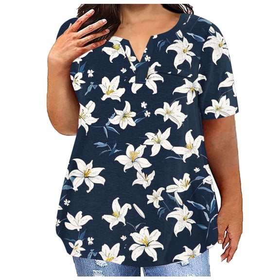 ALLLIST Notch Neck Tops for Women Plus Size Short Sleeve T-Shirts Blue Casual Floral Shirts Clothing for Women