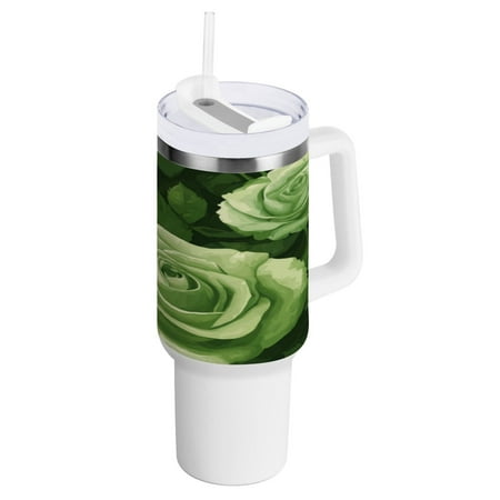 

40 Oz Car Handle Water Bottle 10.8x3.85 Inch Handle And Straw Travel Water Bottle Reusable Stainless Steel Water Bottle Green Rose2