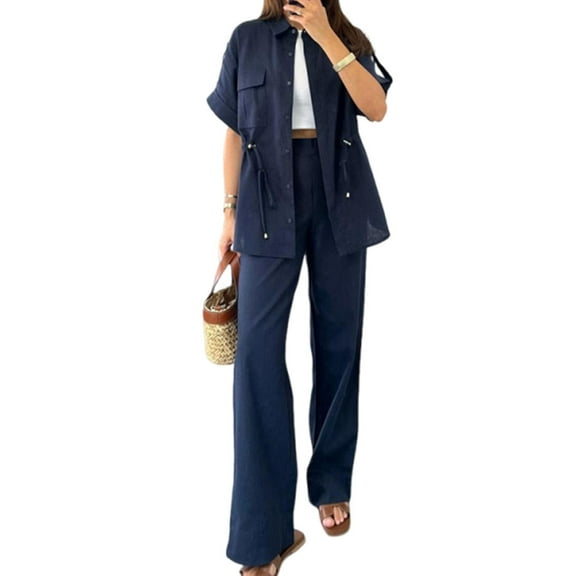 Women's Drawstring Casual Cargo 2-Piece Set,Women Casual Drawstring Waist Shirt Straight Pants Set