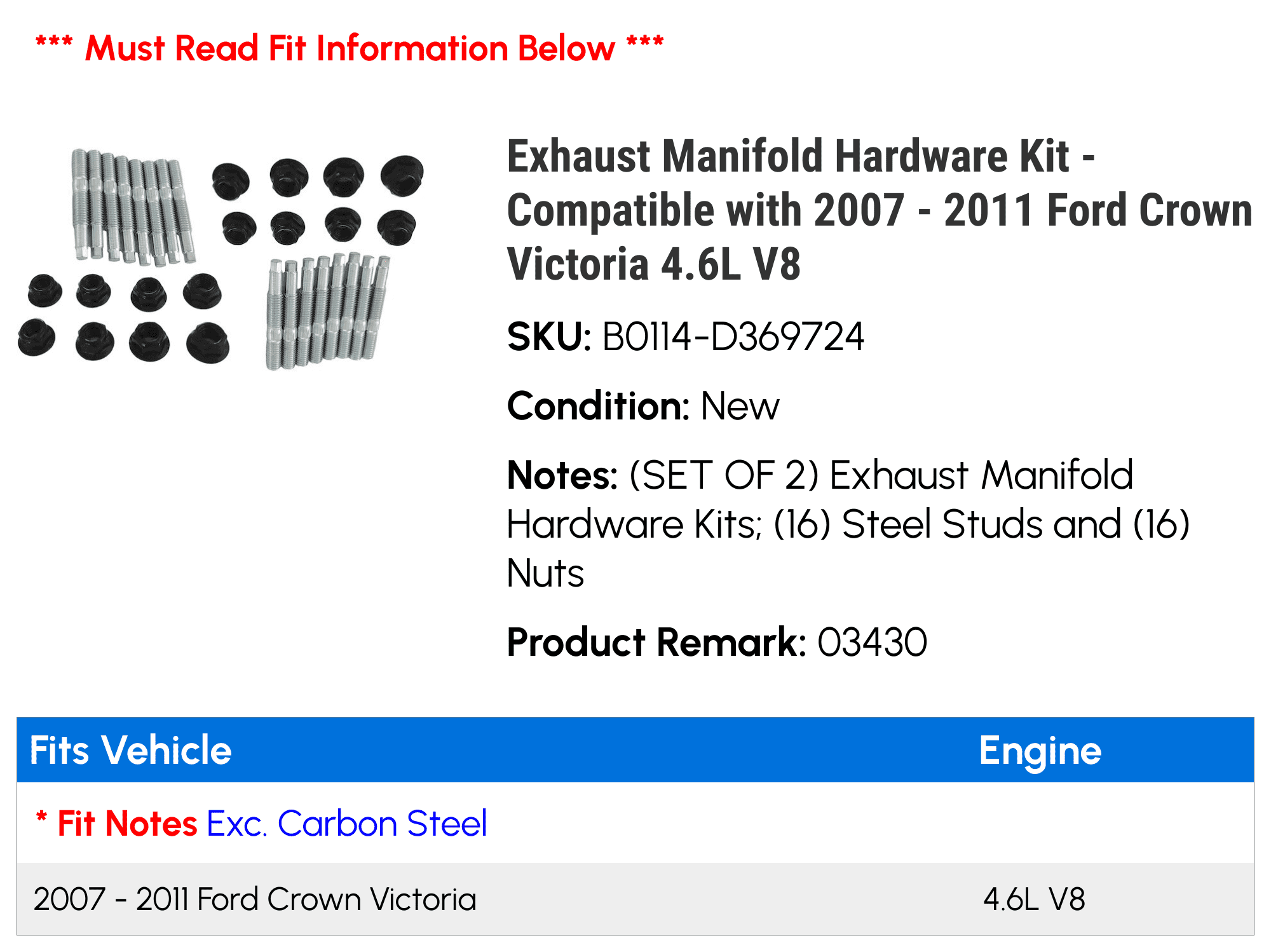 Exhaust Manifold Hardware Kit - Compatible with 2007 - 2011 Ford Crown Victoria 4.6L V8 2008 2009 2010
