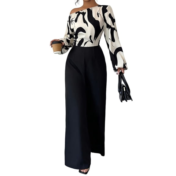 Women'S Jumpsuit Patchwork Print Wide Leg Pants Elegant Casual Daily Wear One-Piece Romper Black XL