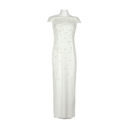Adrianna Papell Off-Shoulder Zipper Back Sequined Beaded Column Mesh Dress-IVORY / 4