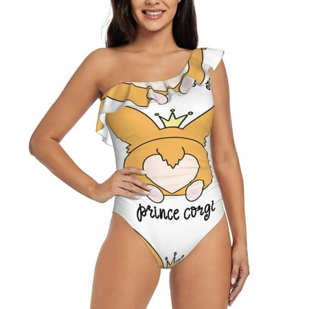 Tideii Prince Corgi Dog for One shoulder Ruffled Swimsuit  One Piece Tummy Control Swimsuit Summer Swimwear for Adult Women-Small