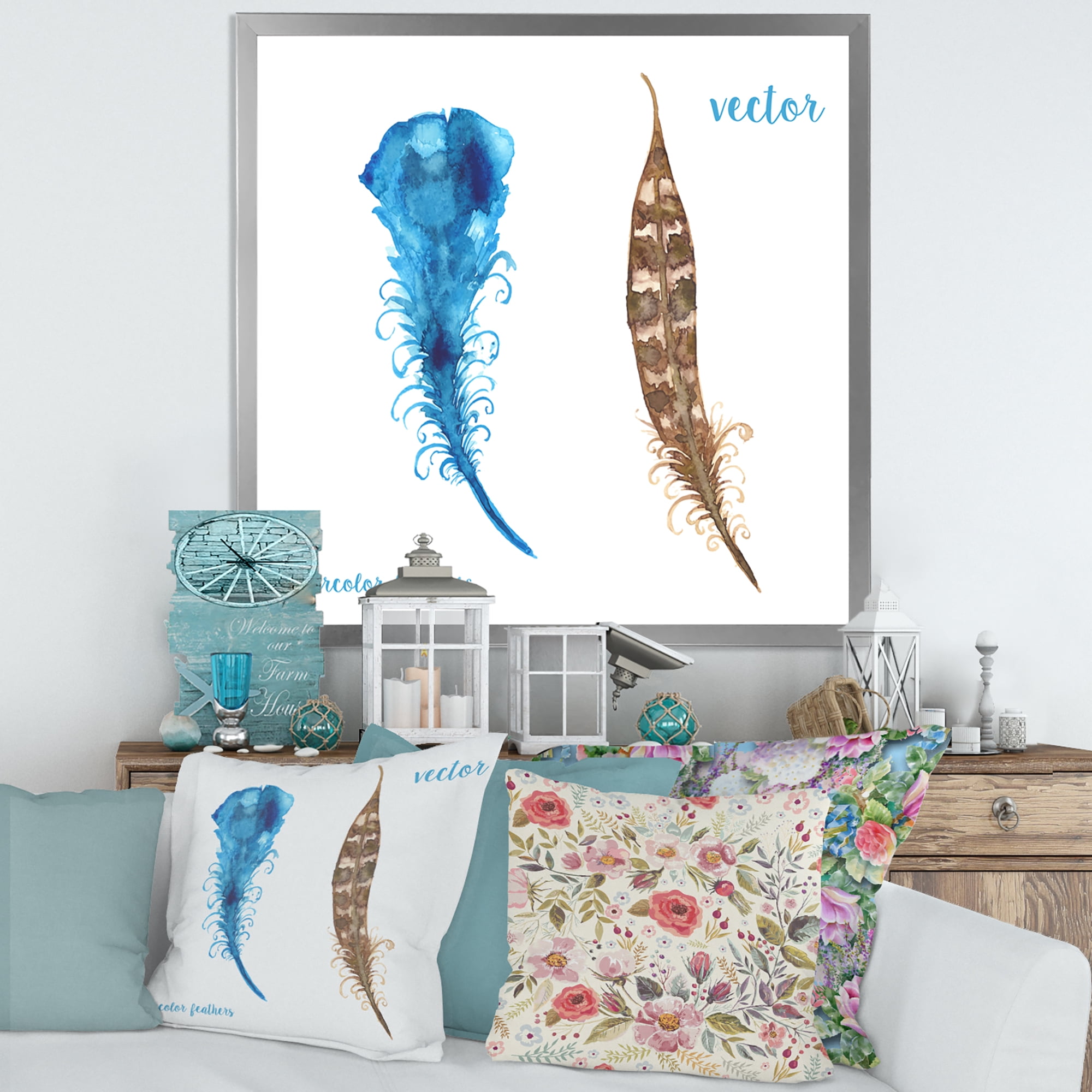 Designart 'Ethnic Boho Watercolor Feathers' Bohemian & Eclectic Framed Art Print