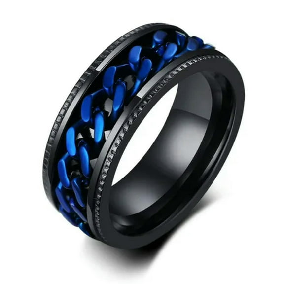 8mm Black/Blue Chain Spinner AAA Bands Mens Stainless Steel Black Ring Size 6-13