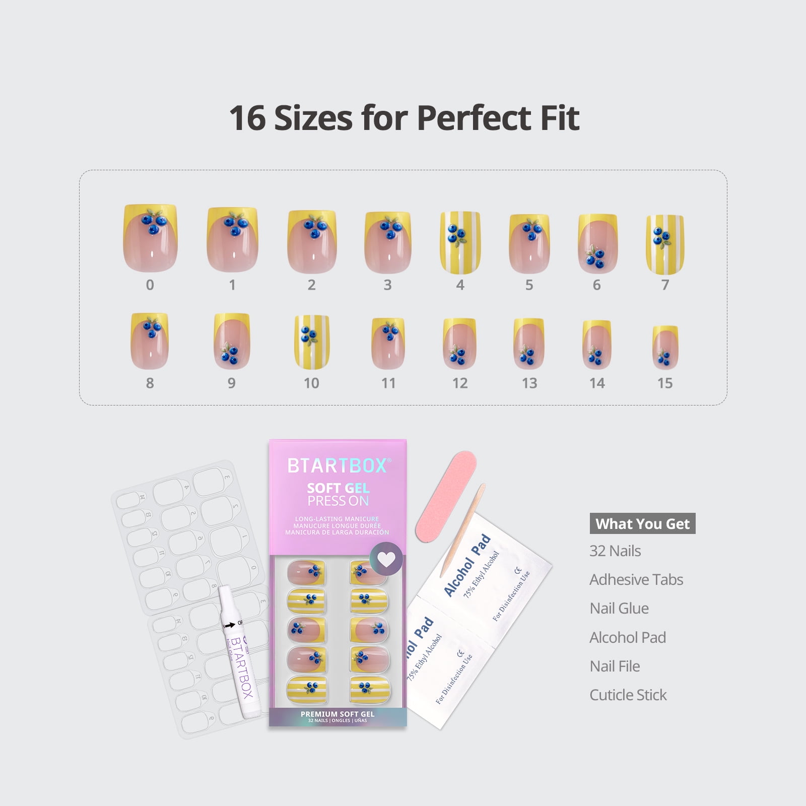 BTArtbox Press On Nails - Dotted Overalls,  Short Square, 2-Week Wear, Easy-to-Apply, 32 Count All-in-One Kit