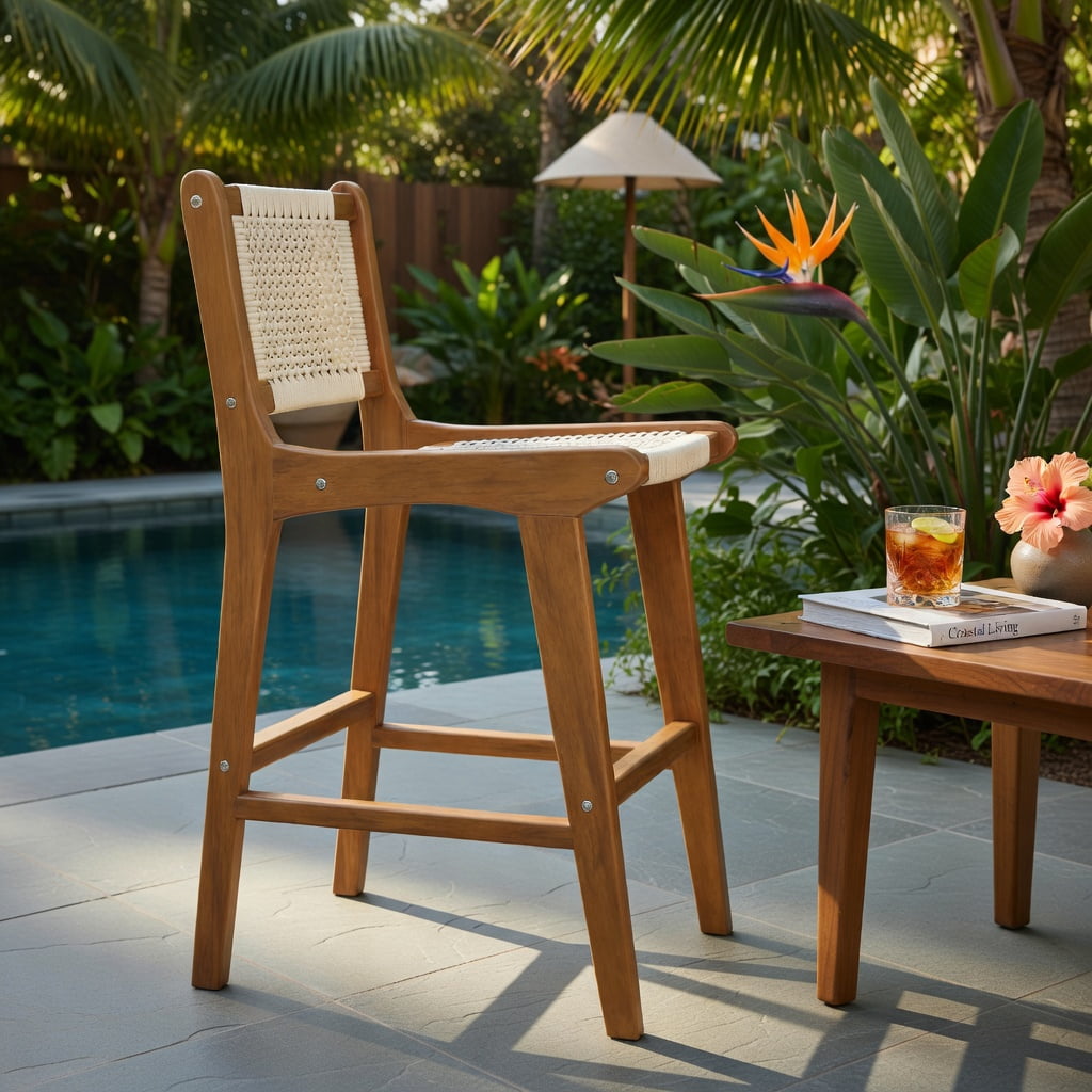 Hommoo Outdoor Counter Height Bar Stool, Teak Wood Frame with Hand-Woven Natural Rattan Seat, 26" Seat Height, Rustic Boho Patio & Kitchen Island Chair, Natural