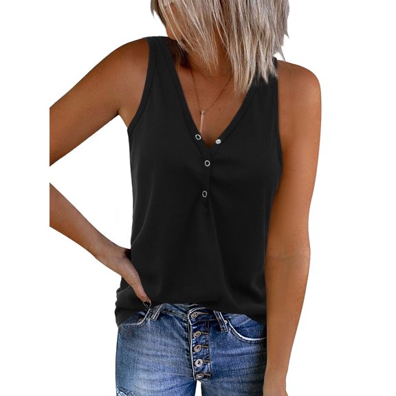 Amoretu Womens Henley Tank Top V Neck Cami Knit Vest Shirts Blouse Black xl