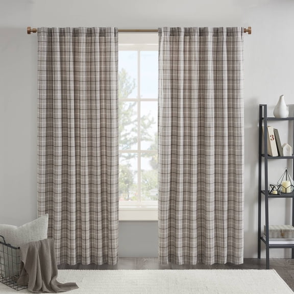 1-Piece 50x63" Plaid Rod Pocket and Back Tab Curtain Panel with Fleece Lining,Brown