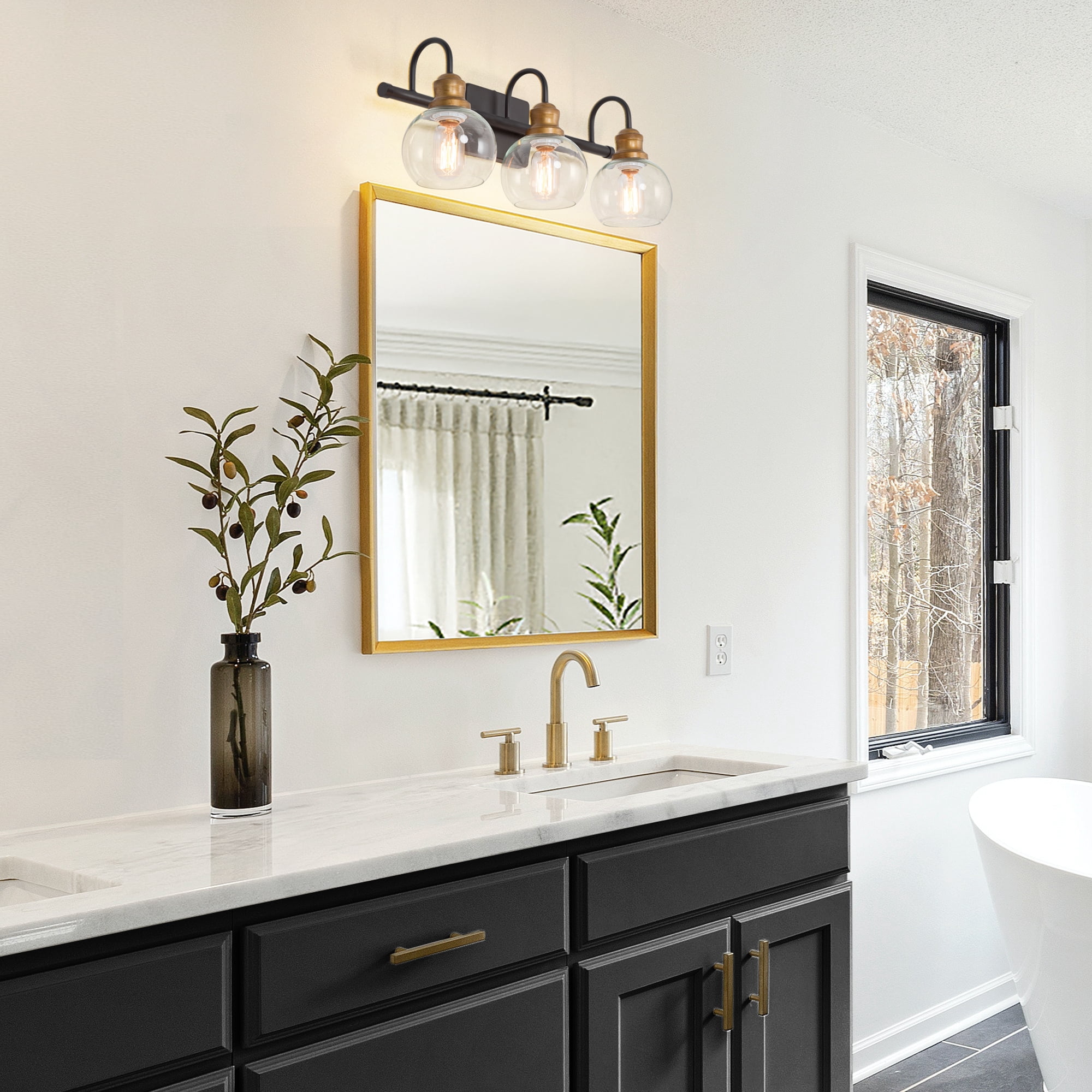 LNC 3-Light Black Round Clear Glass Modern Bathroom Vanity Lighting Fixutre