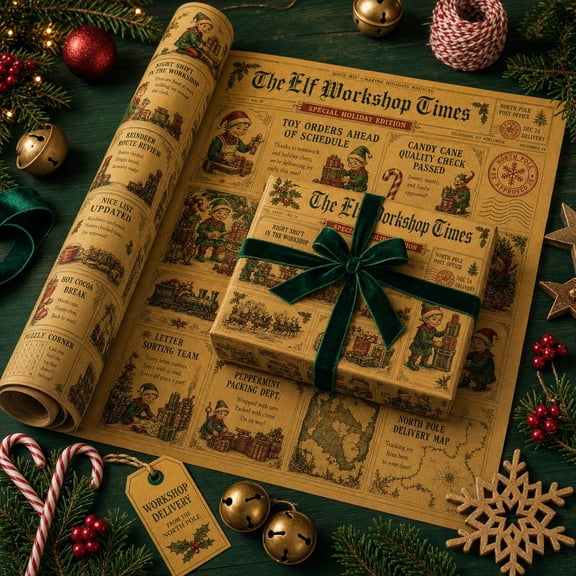 Wrapping Paper Elf Workshop Times Vintage Newspaper Gift Wrap for Holiday Gifting