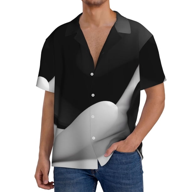 Fotbe Black White Fluid Sculpture Camisa Estampada de Manga Corta para Hombre, Casual de Verano, Estilo Playero, Sin Arrugas-Medium