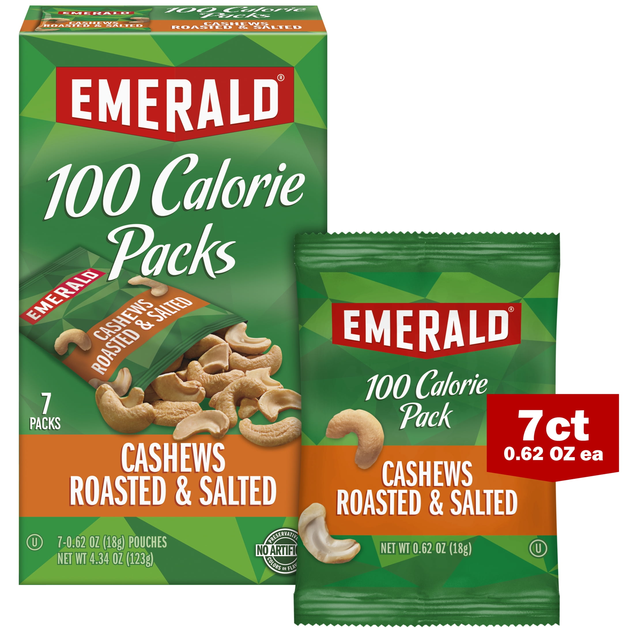 Emerald Nuts, Cashews Roasted & Salted, 100 Calorie Packs, 7 Ct, 4.34 oz (Pack of 3)