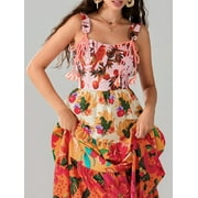 Mevireiy Women Y2K Flowy Smocked Maxi Dress Sleeveless Tie Shoulder Boho Floral Beach Sundresses