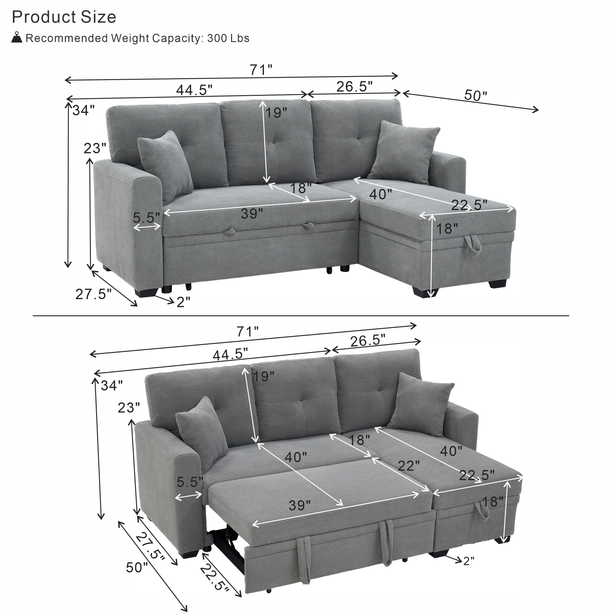 BSHTI 71"Foil Fabric L-Shaped Pull-Out Sleeper Sofa Bed with Reversible Chaise, Hidden Storage for Living Room（Light Gray）