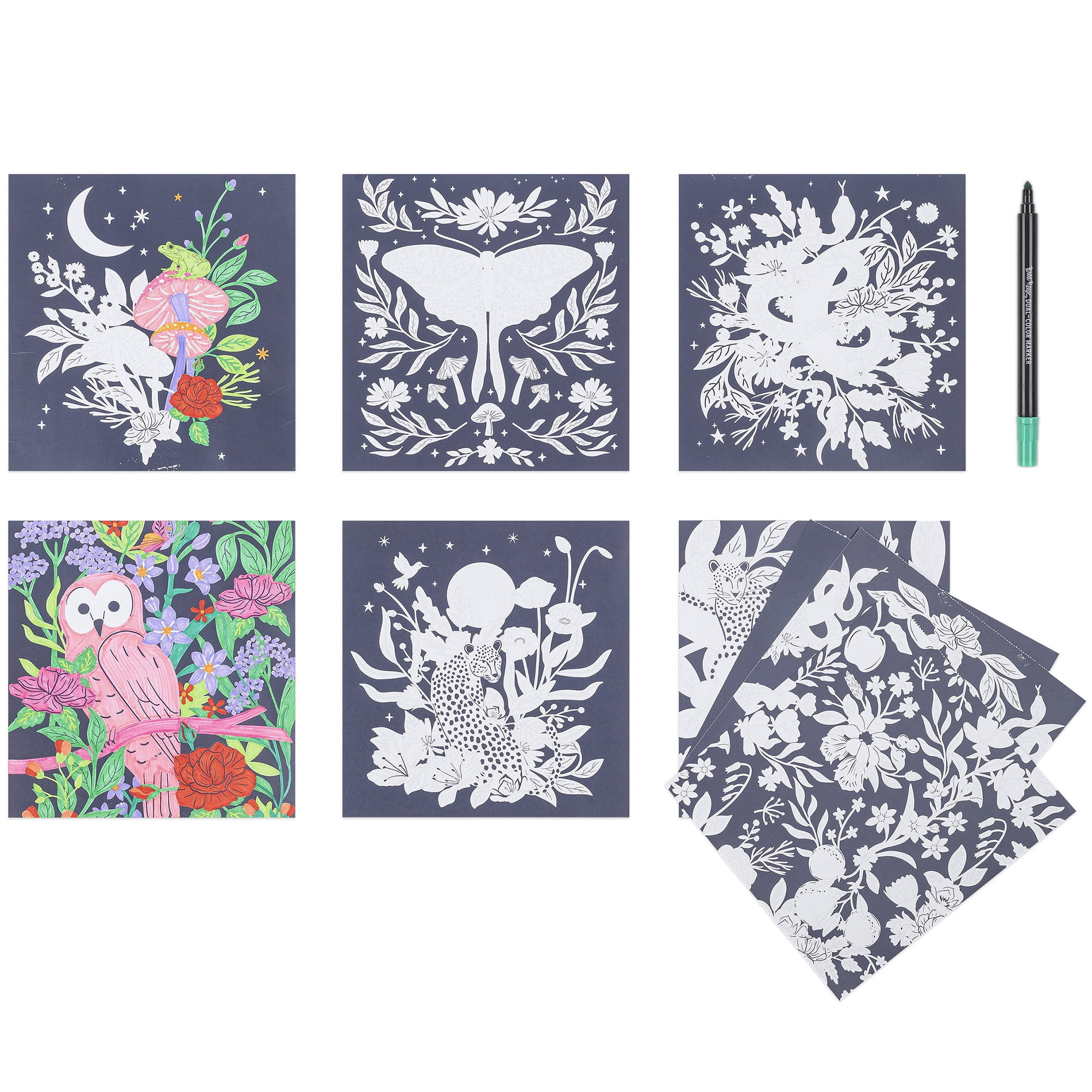 Brea Reese: Marker Color-by-Number Kit - Whimsical Botanicals - 5 Dual-Tip Markers, 12 Designs, Guided Art, 8.5 x 9.75" Pages, Adult Spiral Art Pad