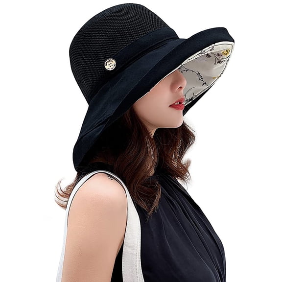 Voska Summer Mesh Sun Hats for Women UV Protection Wide Brim Packable Bucket Hat | Wide Brim Sun Hats for Women,Women Foldable Packable Beach Hat,Floppy Bucket Sun Hat with Floral Lining Black