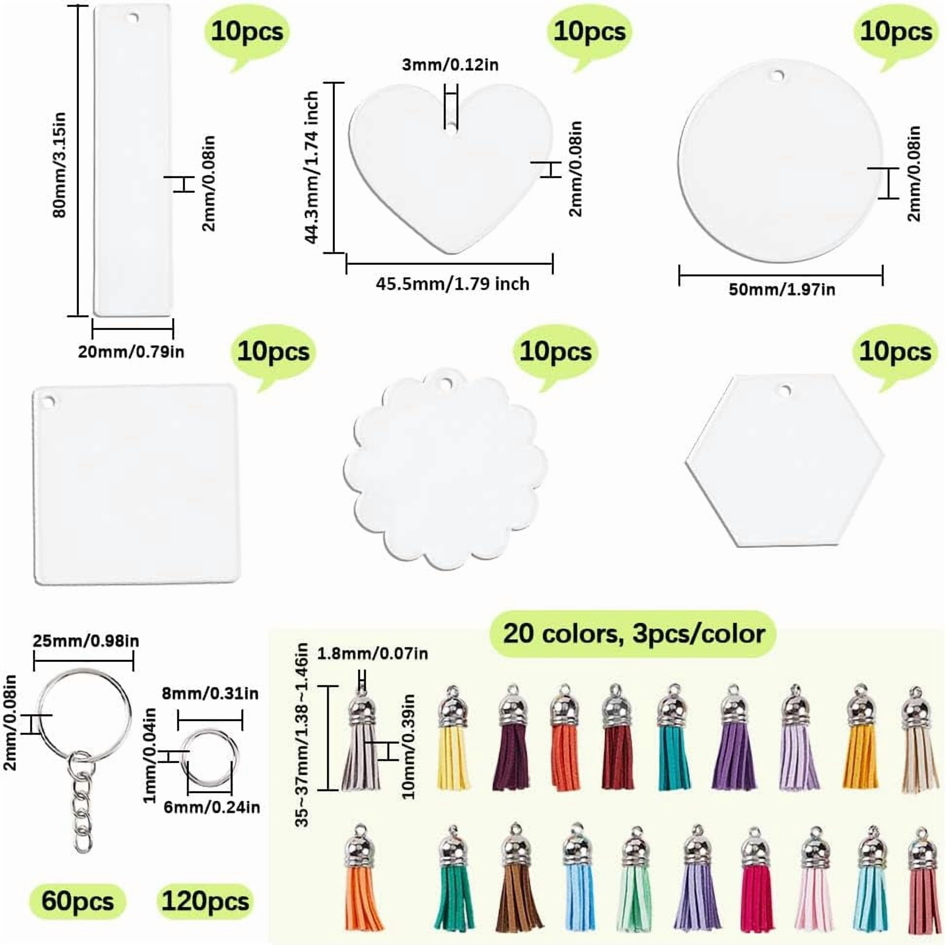 300Pcs Acrylic Keychain Blanks Bulk Key Chain Blanks Clear Round Rectangle Heart Blank with Tassel Pendant Keychains Making Kit for Vinyl Jewelry Making Supplies DIY Crafts colorful