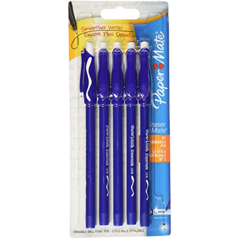 Paper Mate EraserMate Pens, Medium Point, 1.0 mm, Blue Barrel, Blue Ink