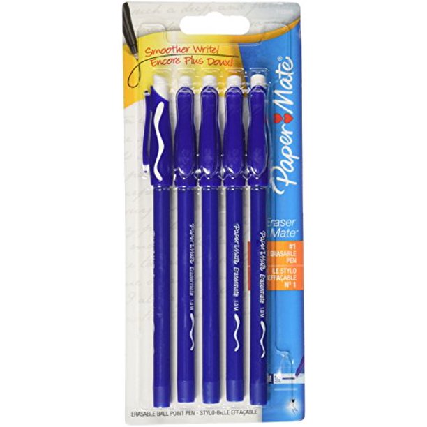 Paper Mate EraserMate Pens, Medium Point, 1.0 mm, Blue Barrel, Blue Ink