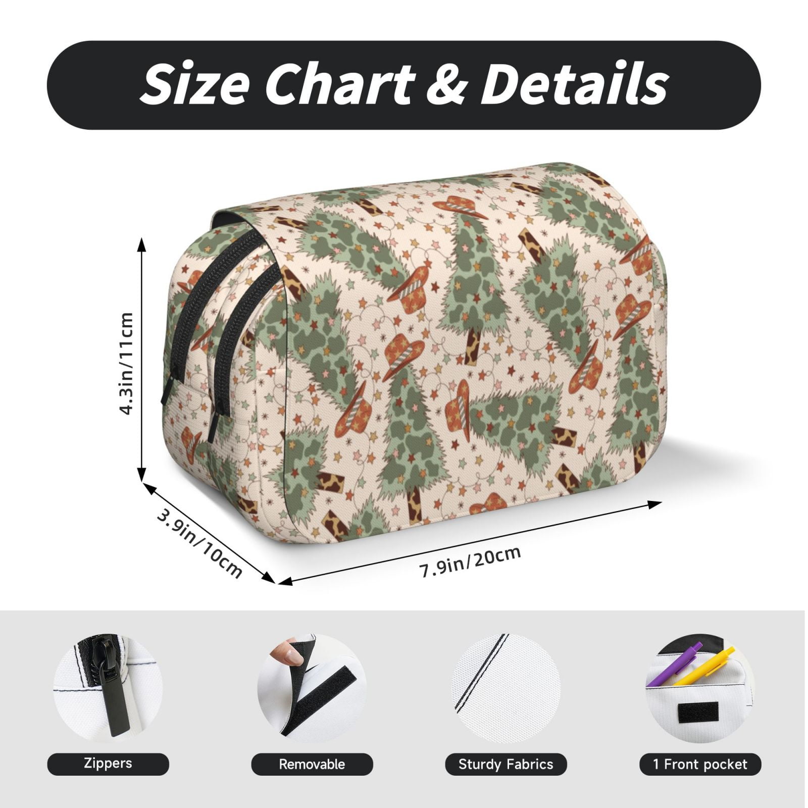 Rateoe Cowboy Christmas Trees Pattern Double Clamshell Pen Case, Storage Organizer with Two Zipper Compartments– Holds Up to 50 Pencils & Pens