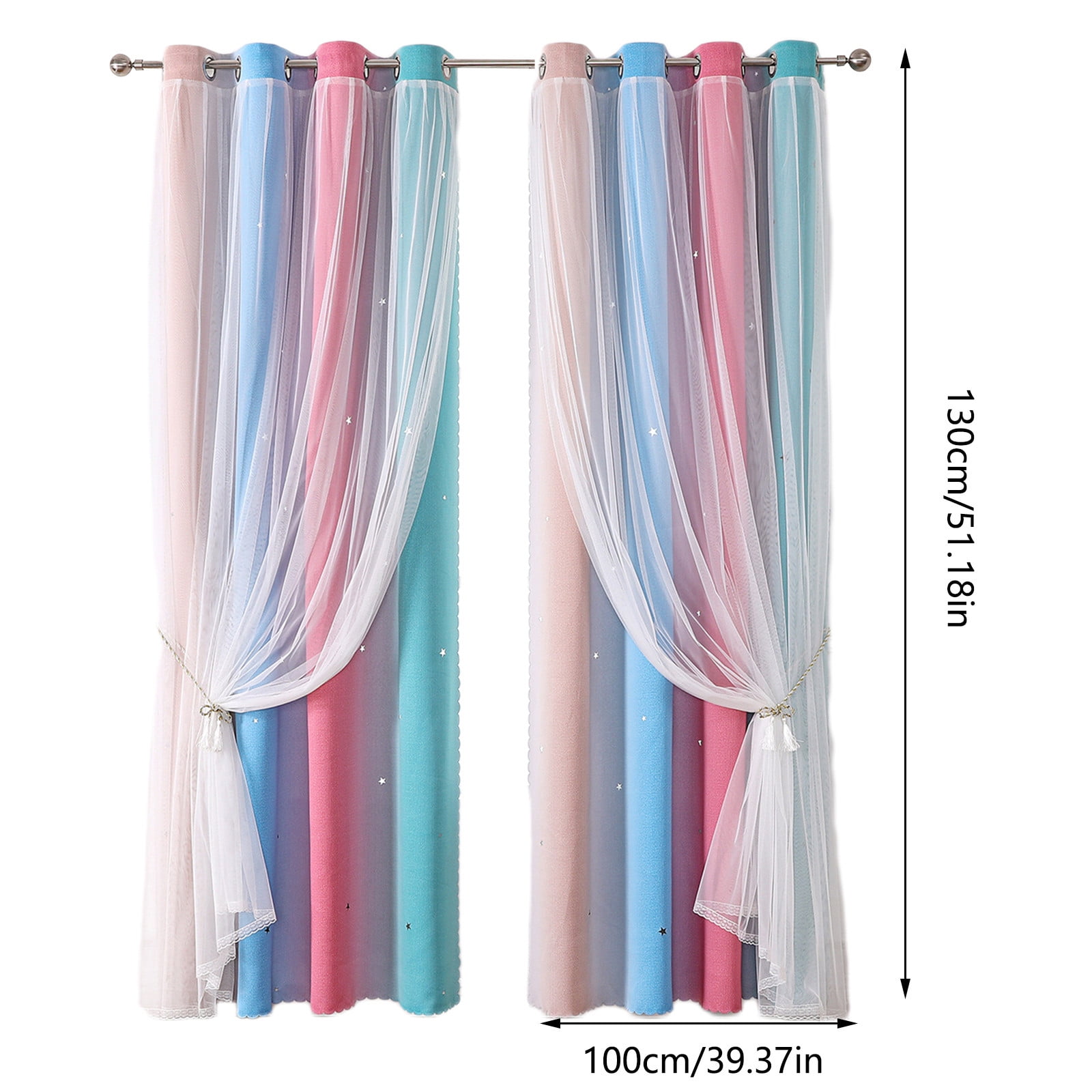 2-in-1 Double-Layer Kids & Girls Unicorn Princess Ombre Blackout Curtains with Foil Print Sheer,Panels for Bedroom, Nursery, Living Room - Yellow Purple Blue, 52W x 63L