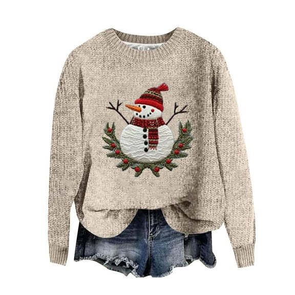 Womens Christmas Crewneck Sweaters Trendy Cute Xmas Snowman Graphic Long Sleeve Tops Soft Comfy Novelty Casual Pullover Blouses