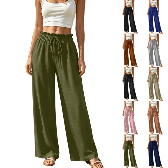 Liuinsasek Womens Wide Leg Pants Solid-Color High-Waisted Casual Drawstring Pants Elastic Waistband with Ruffle Trim Lightweight and Comfortable