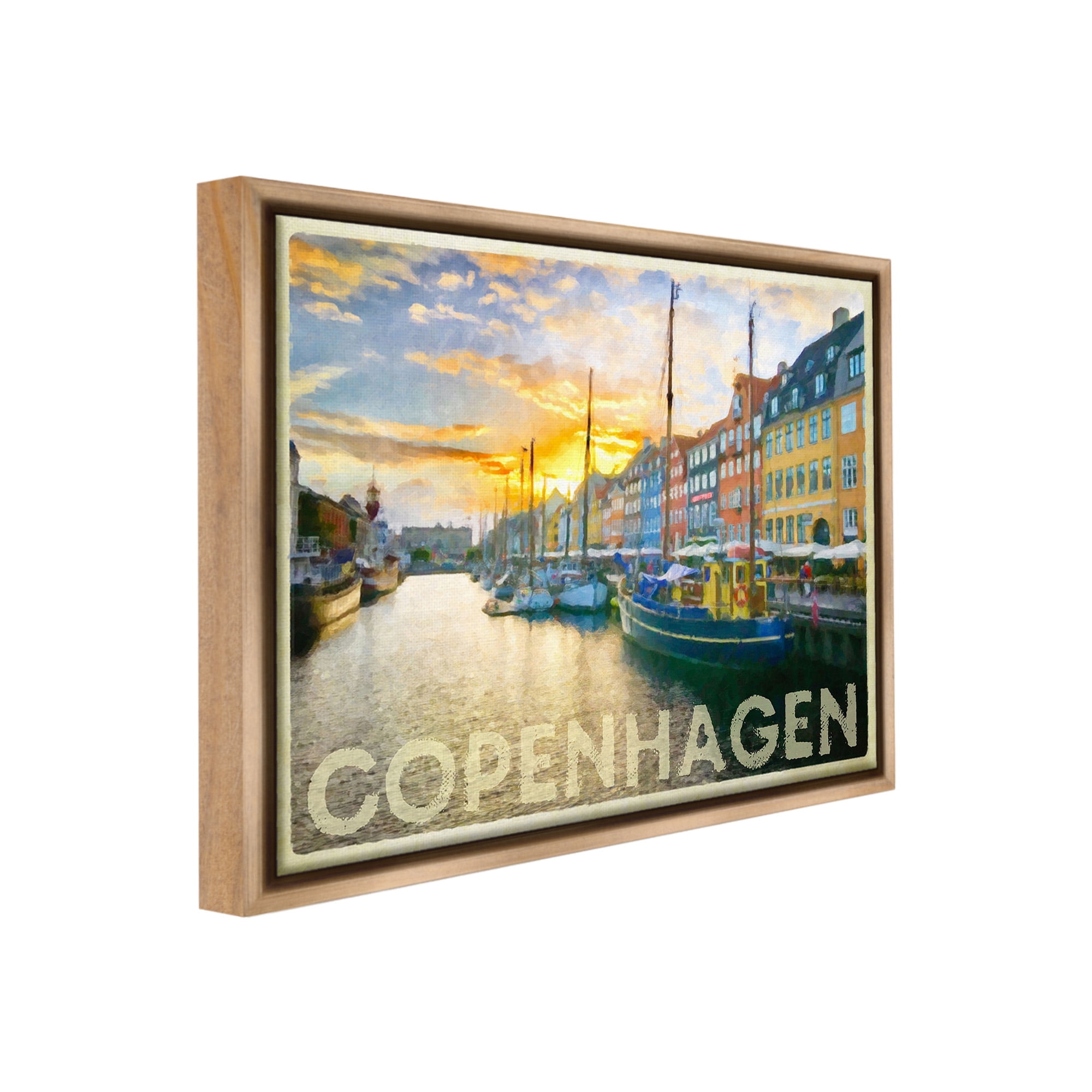Stupell Industries Copenhagen Canal Boats Transportation Painting Brown Floater Framed Canvas Art Print Wall Art, 21 x 17