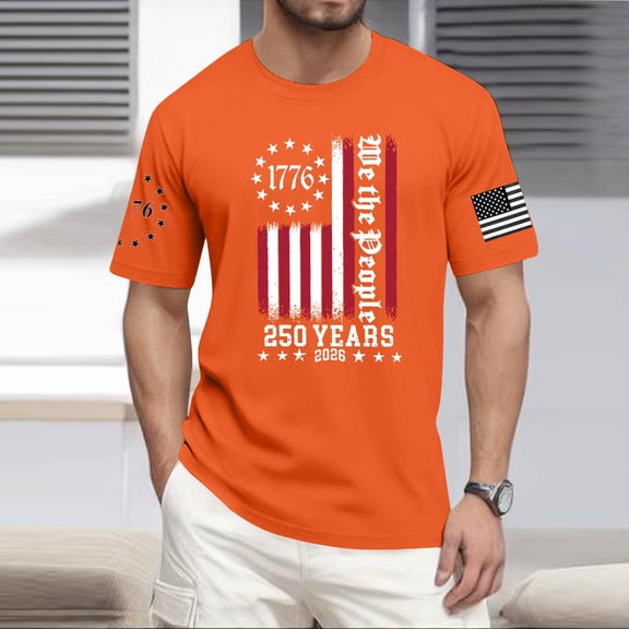 250th Anniversary American Shirts for Men 1776-2026 American Flag Print Short Sleeve Crew Neck Tees Big and Tall Relaxed Fit Workout Summer Muscle Tops, Orange, #01 Orange