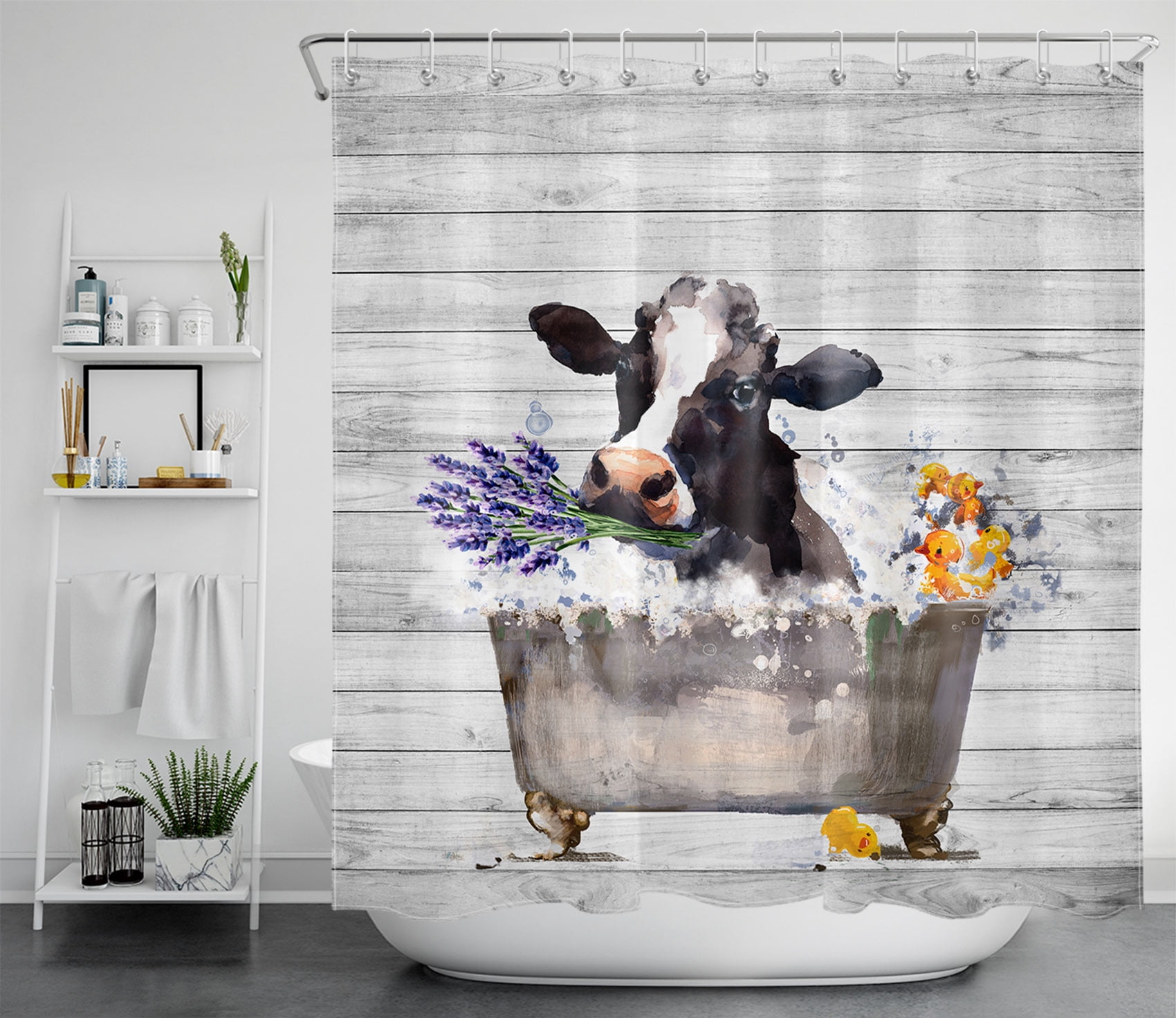 HVEST Funny Cow Get Naked Shower Curtain Farmhouse Animal Bull and Purple Lavender Floral in Retro Bathroom Shower Curtain,Polyester Waterproof Durable Fabric Bath Accessories with Hooks 72x78 Inches