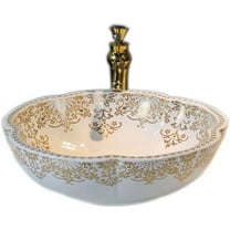 LIQIAONAN Ceramic Vessel Sink Flower Shape For Bathroom White Porcelain Vessel Sinks Golden Pattern Bowl Sinks Above Counter Vanity Top
