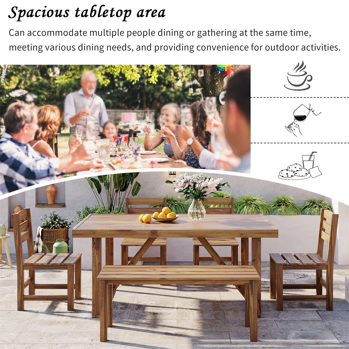 HighSound 6-Piece Outdoor Acacia Wood Dining Set, Patio Table and Chairs Set with Bench for 6-7 People, Outdoor Dining Furniture Set for Garden, Backyard and Poolside, Natural